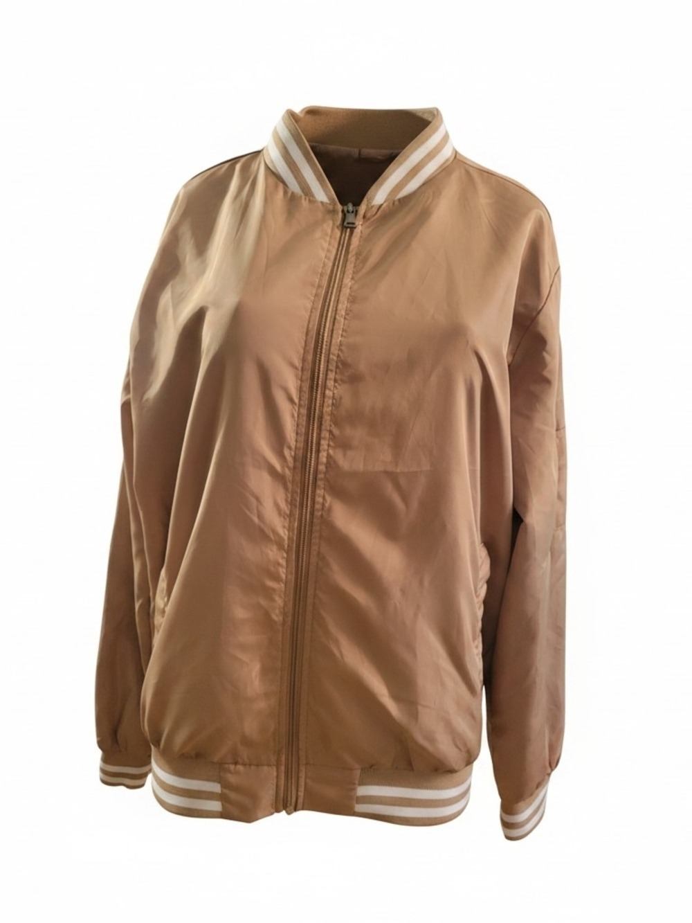 Original Deluxe Tan Satin Bomber Jacket with White Trim